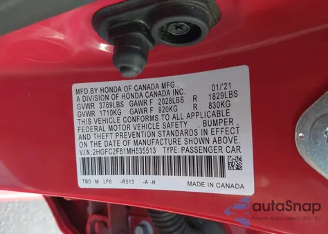 2021 Honda Civic Lx из США, поврежденный, VIN 2HGFC2F61MH535513